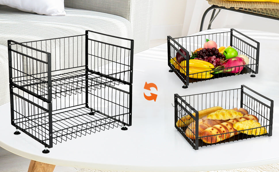 GARVEE 2 Tier Fruit Basket with 4 Removable Banana Hangers Fruit Bowl for Kitchen Counter