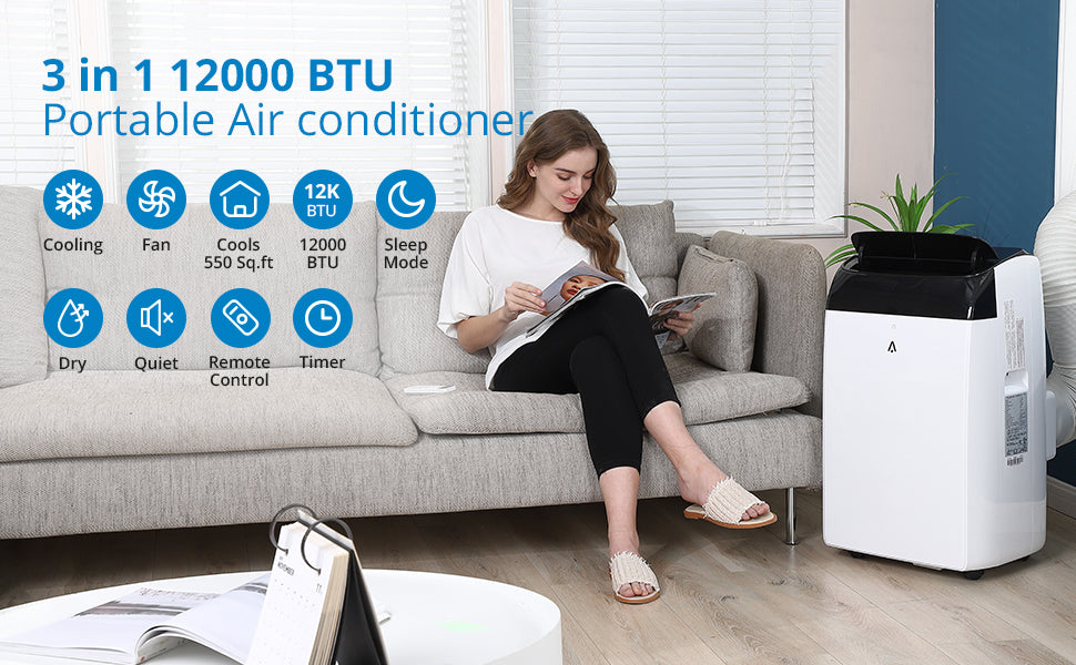 12000 BTU 3-in-1 Portable AC, Cools 450 sq. ft, Remote, 115V