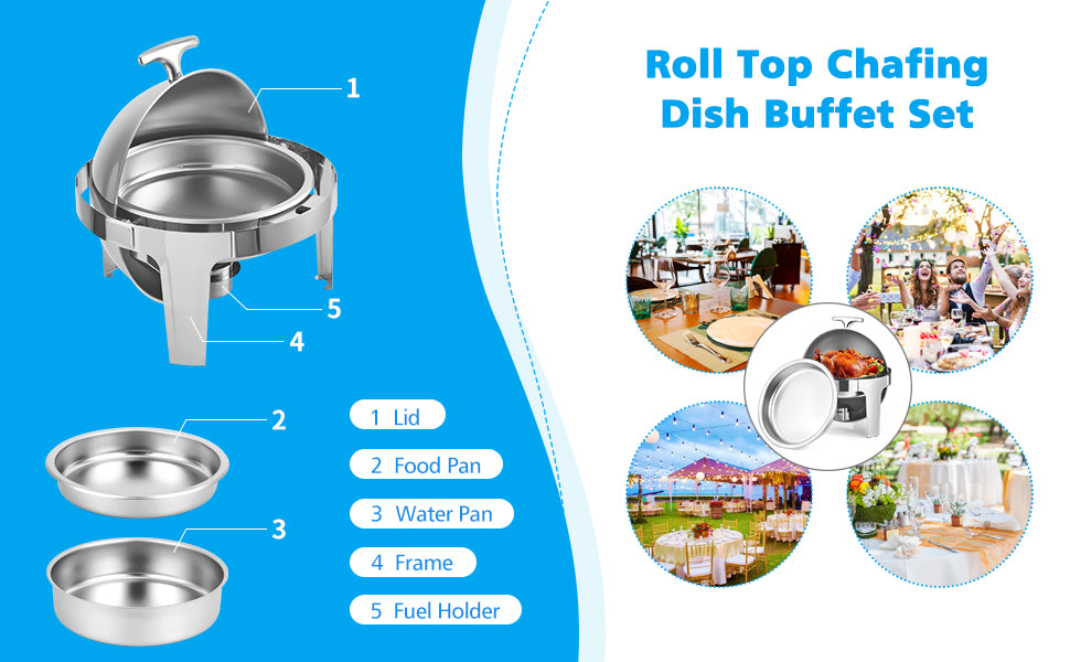 GARVEE 6.8QT Round Roll Top Chafing Dish Buffet Set for Parties Wedding Catering Event