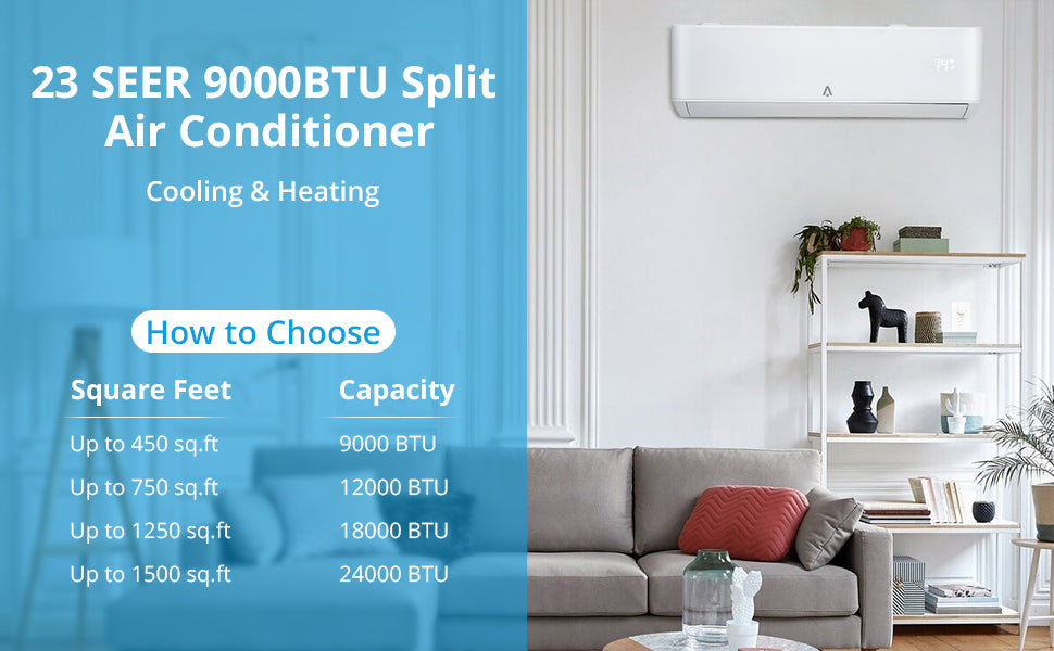 9000 BTU SEER 23 Mini Split AC/Heat, 450 Sq.Ft, Installation Kit