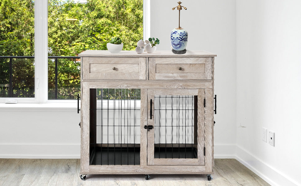 Dog Crate Furniture Wooden Dog Kennel with Room Divider and Tray Double Rooms Dog Cage