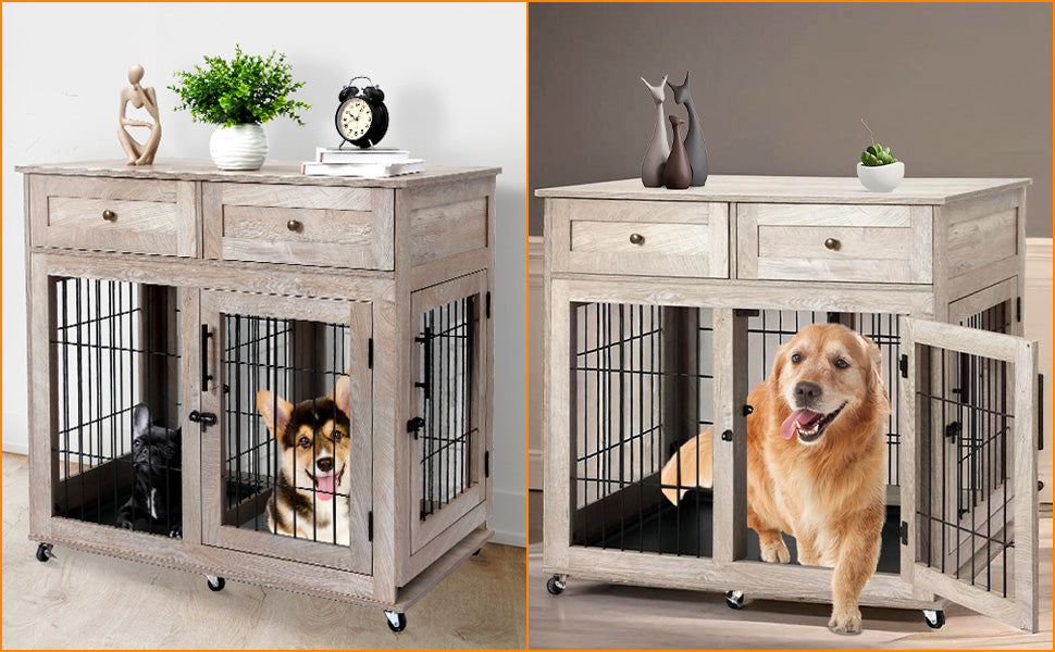 Dog Crate Furniture Wooden Dog Kennel with Room Divider and Tray Double Rooms Dog Cage