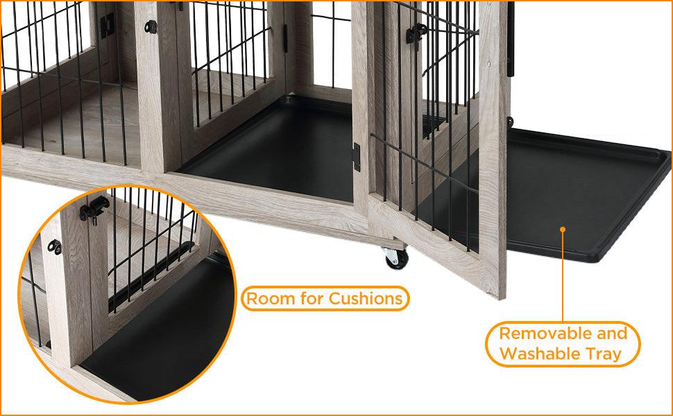 Dog Crate Furniture Wooden Dog Kennel with Room Divider and Tray Double Rooms Dog Cage
