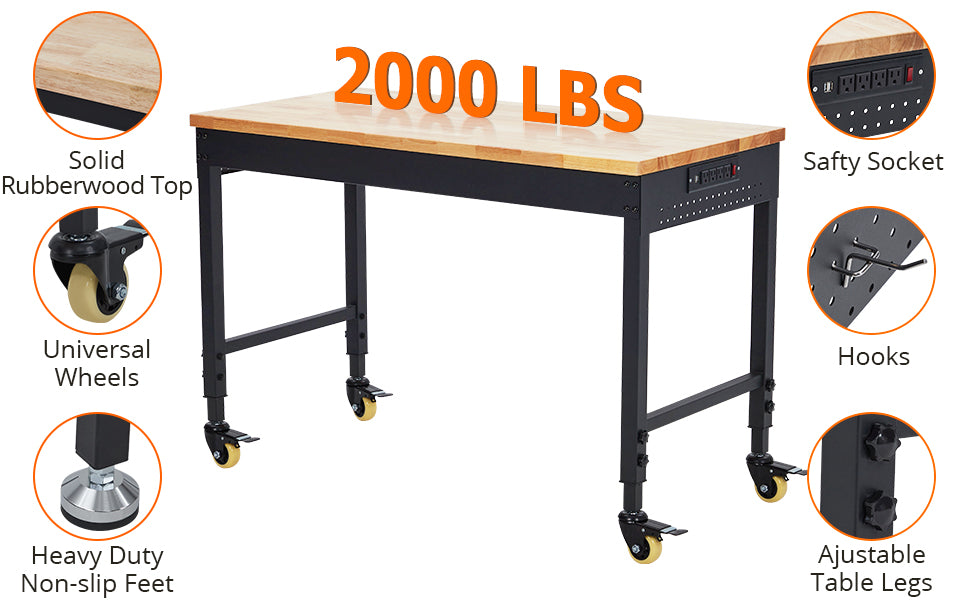 60x22 Inch Adjustable Workbench, 2000 Lbs, Power Outlets, Casters