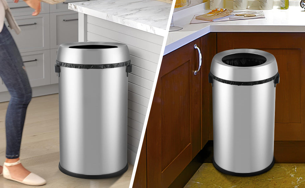 GARVEE 65 L / 17 Gal Open Top Trash Can Commercial Grade Heavy Duty Brushed Stainless Steel Waste Bins