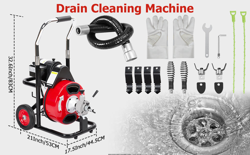 100 Ft X 3/8 Inch Drain Cleaner Machine Professional Electric Drain Auger for 1 to 4 Inch Pipes