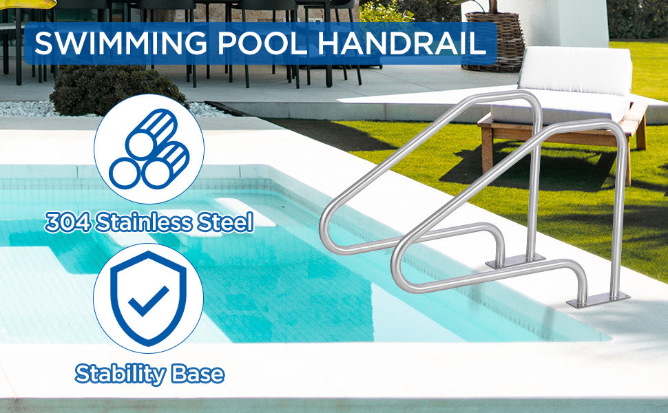 GARVEE Pool Handrail 48x32 Pool Rail 304 Stainless Steel Silver Rustproof Pool Stair Rail