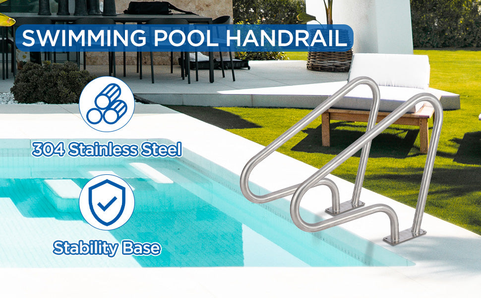 GARVEE Pool Handrail 39x32 Pool Rail 304 Stainless Steel Silver Rustproof Pool Stair Rail