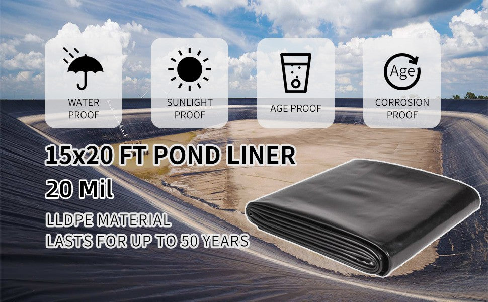 GARVEE 15x20 ft Pond Liner 20 Mil Thickness Pliable Durable LLDEP Material Easy Cutting & UV Resistant