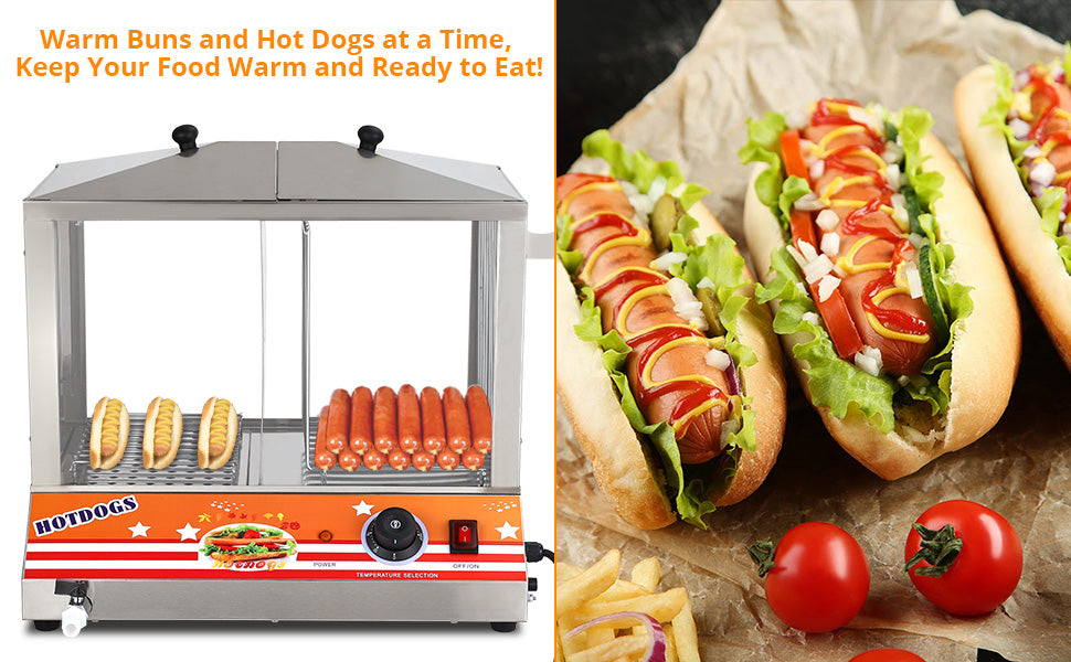 36L Hot Dog & Bun Steamer, Adjustable Temp, Stainless Steel