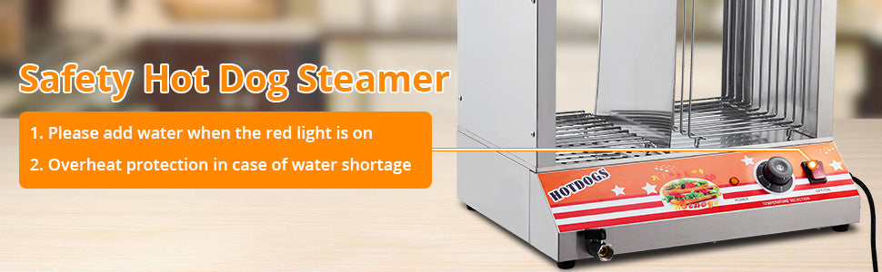 36L Hot Dog & Bun Steamer, Adjustable Temp, Stainless Steel