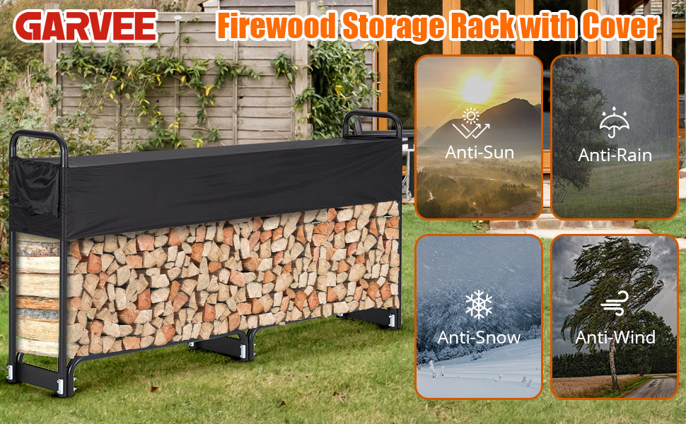 GARVEE 8FT Firewood Rack Outdoor Firewood Rack Outdoor with Cover for Fireplace Wood Storage