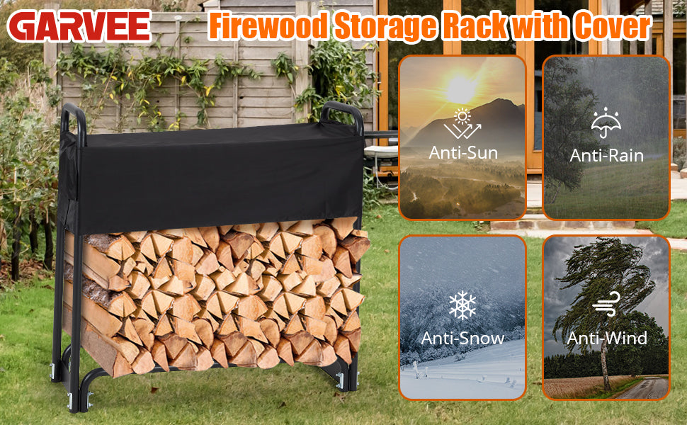 GARVEE 4FT Firewood Rack Outdoor Firewood Rack Outdoor with Cover for Fireplace Wood Storage