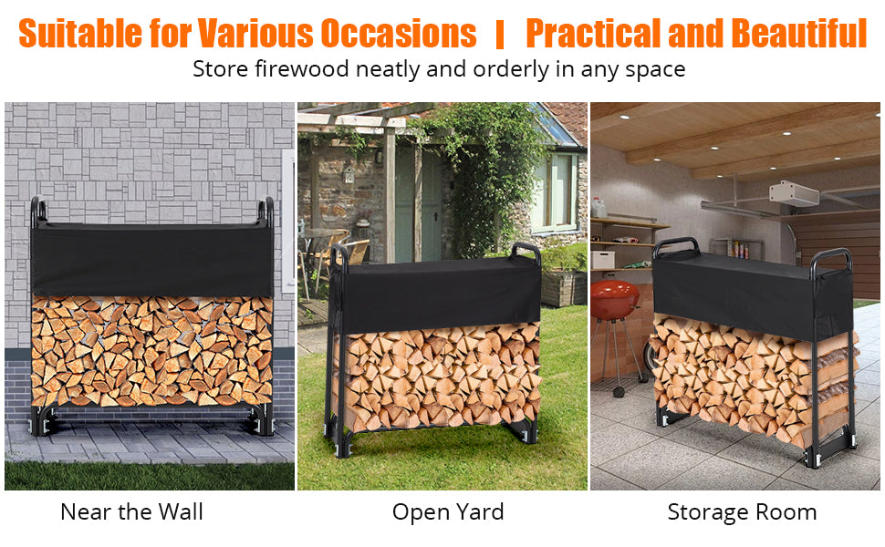 GARVEE 4FT Firewood Rack Outdoor Firewood Rack Outdoor with Cover for Fireplace Wood Storage