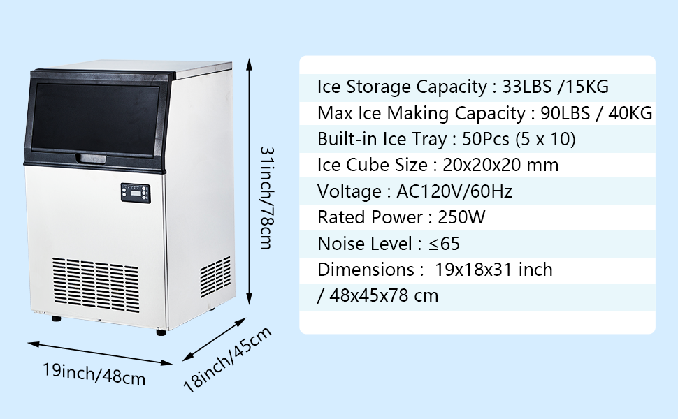 250W 120V 90LBS/24H Commercial Ice Maker, 33LBS Bin for Home Bar