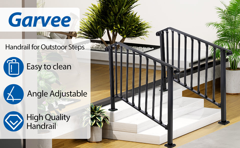 GARVEE Handrails for Outdoor Steps Adjustable Fit 4 to 5 Steps Stair Railing Staircase Handrail