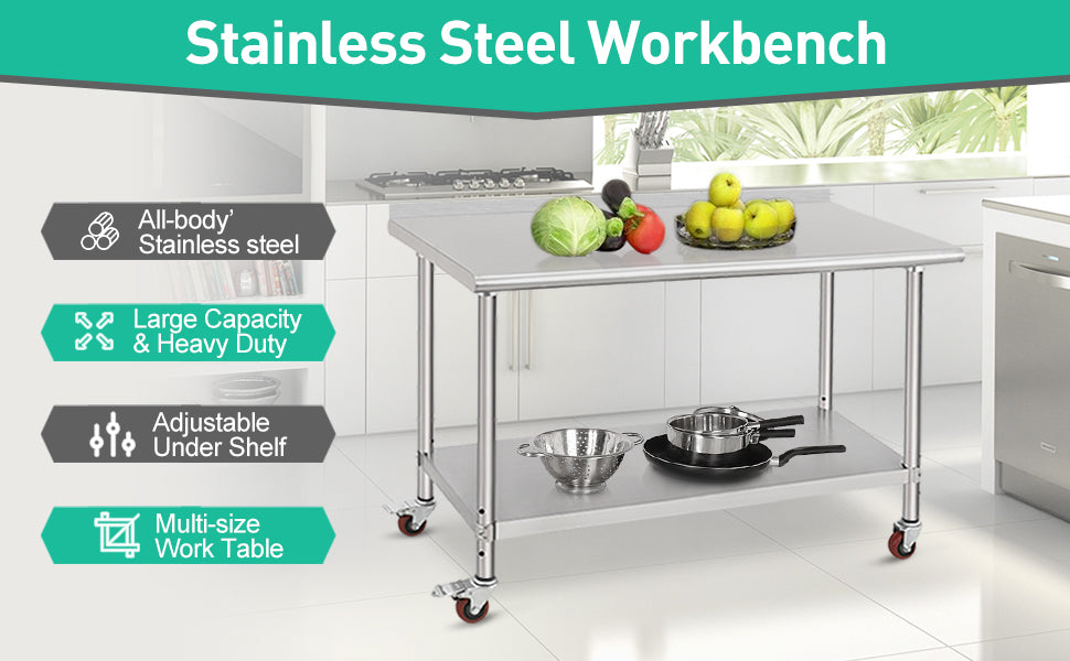 60x24x35 Inch Stainless Steel Table Metal Double Tier Worktable