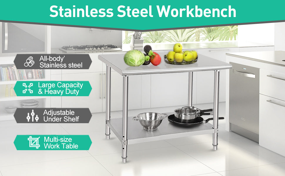 48x30x35 Inch Stainless Steel Table Metal Double Tier Worktable