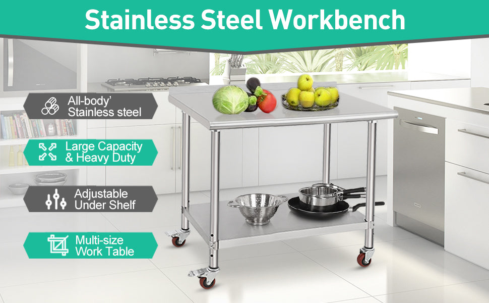 48x24x35 Inch Stainless Steel Table Metal Double Tier Worktable