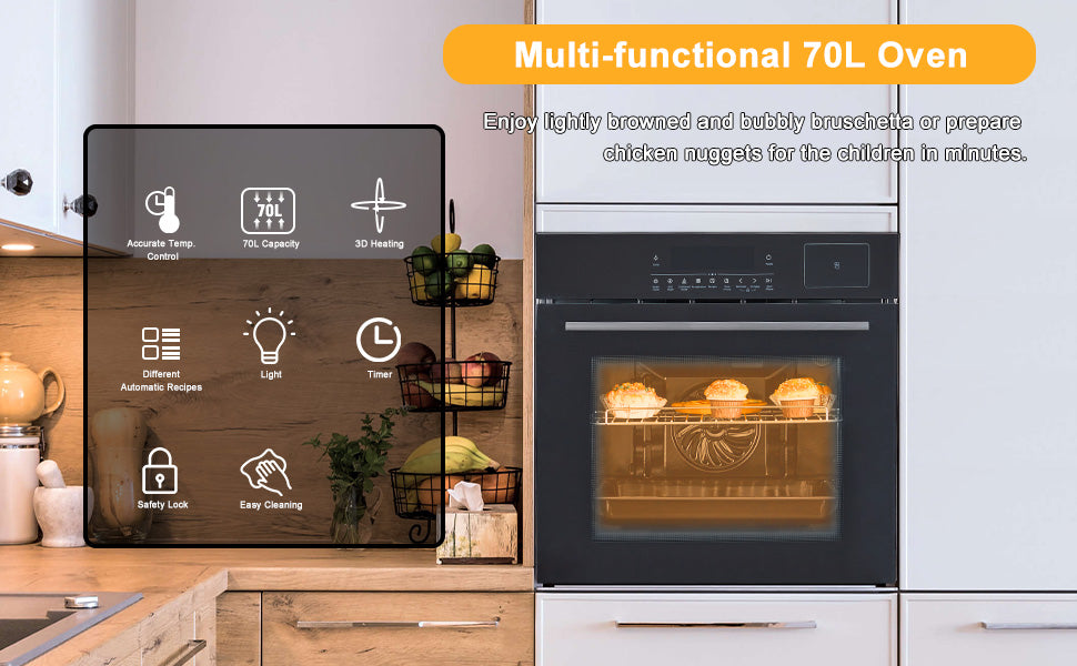 24 Inch Stainless Single Wall Oven, LED Screen, 5 Modes