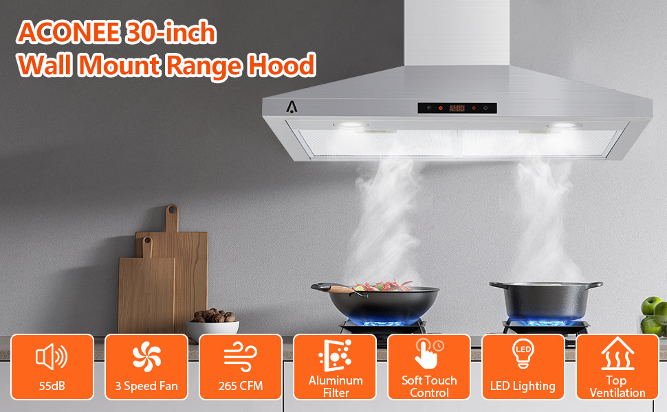 30 Inch Wall Mount Range Hood 265 CFM, Touch Control, LED