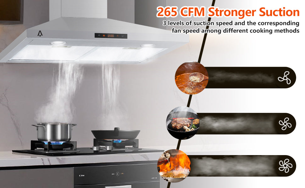 30 Inch Wall Mount Range Hood 265 CFM, Touch Control, LED