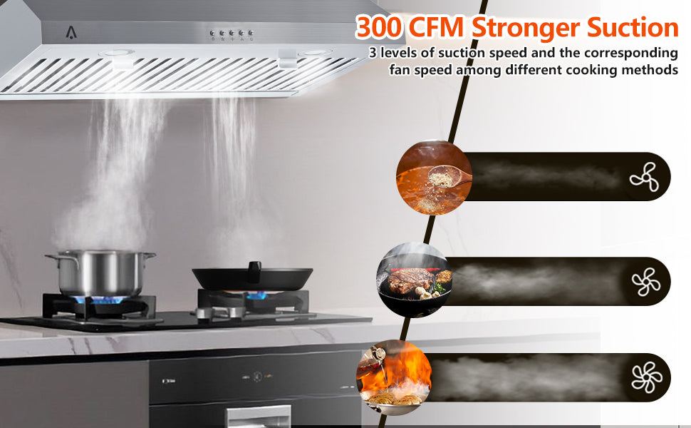 30 Inch Stainless Steel Range Hood, 300CFM, LED, 3-Speed Fan