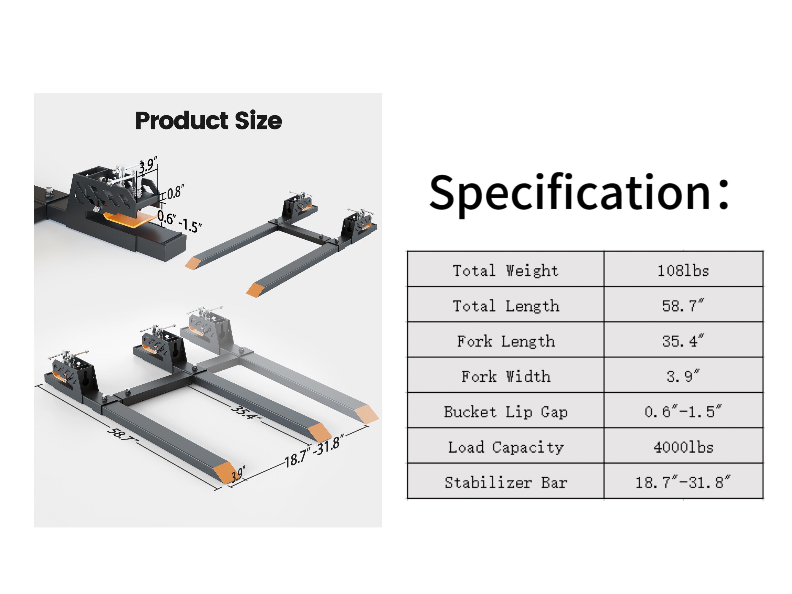 4000 LBS 60 Inch Clamp-on Pallet Forks with Stabilizer