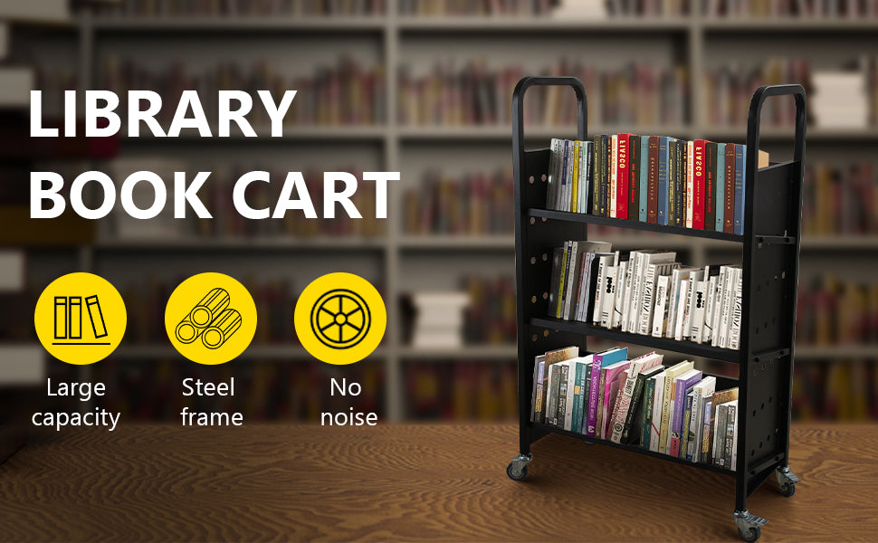 GARVEE Book Cart 200LBS Library Cart Rolling Book Cart with 4 Inch Lockable Wheels for Libraries