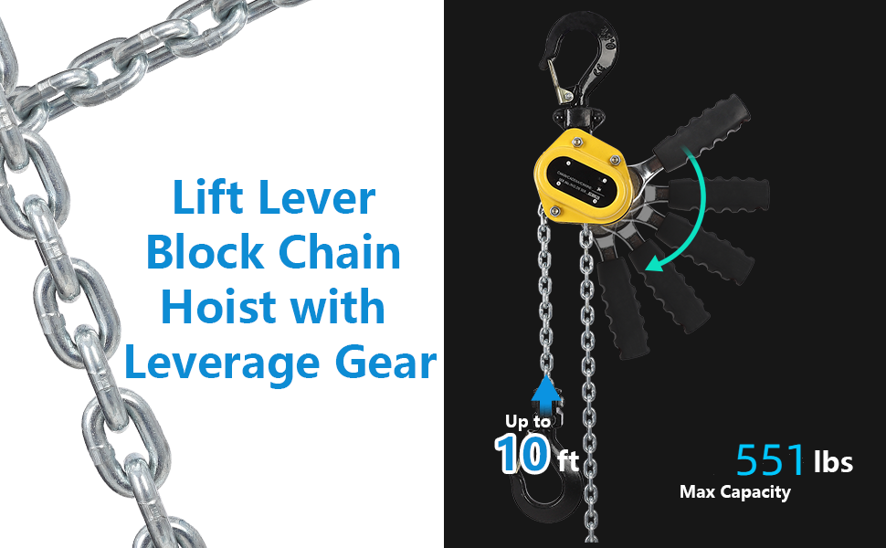 0.25T 10Ft Lever Chain Hoist w/Portable Hooks