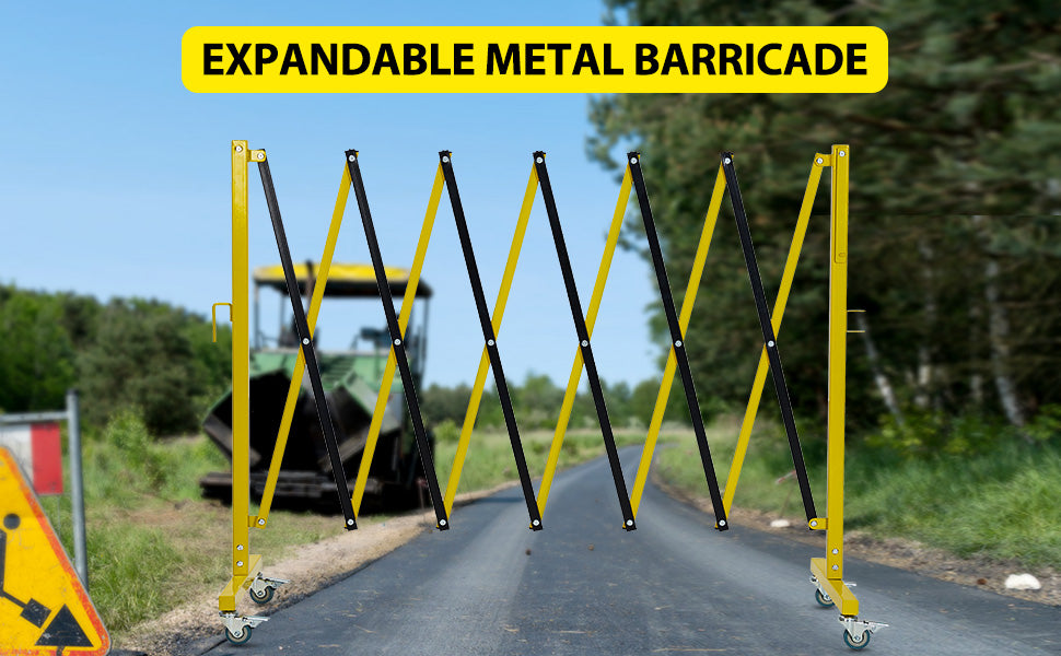 GARVEE Expandable Metal Barricade 11.8FT Portable Safety Barrier with a Warning Board and Casters