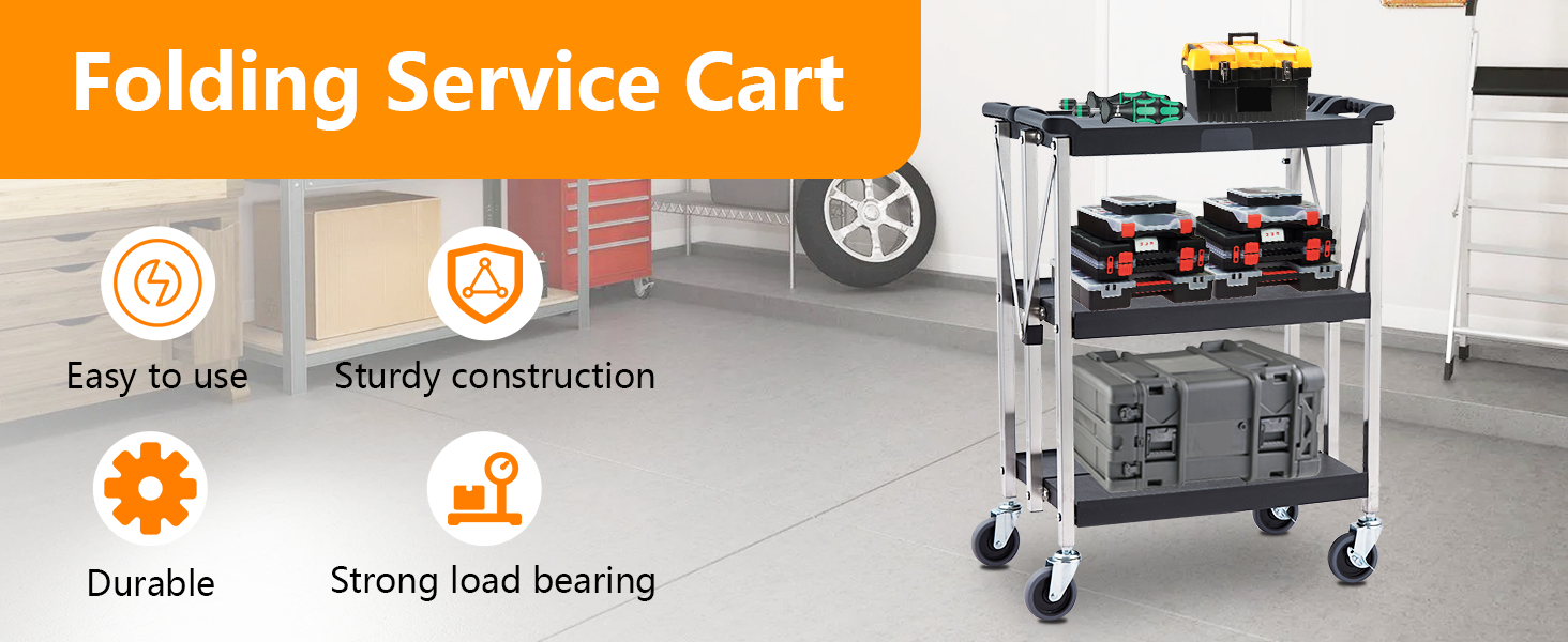 3-Tier Foldable Service Cart, 100Lbs/Shelf, Swivel Wheels