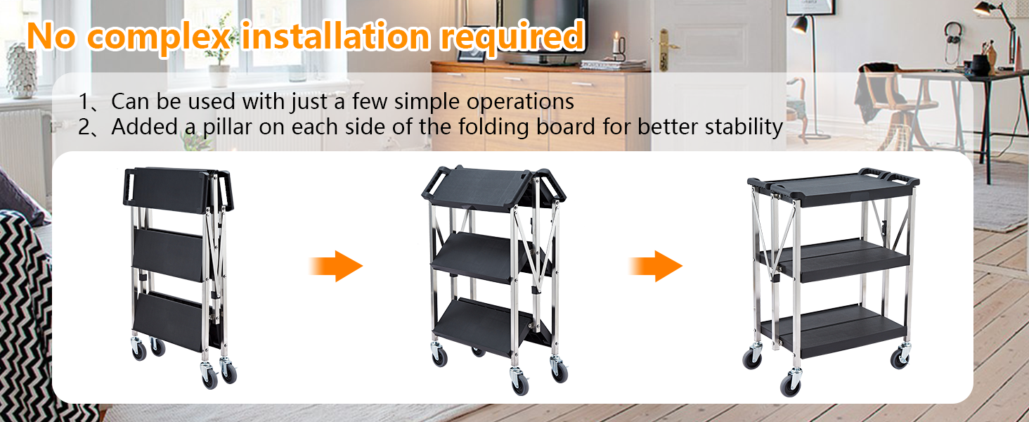 3-Tier Foldable Service Cart, 100Lbs/Shelf, Swivel Wheels