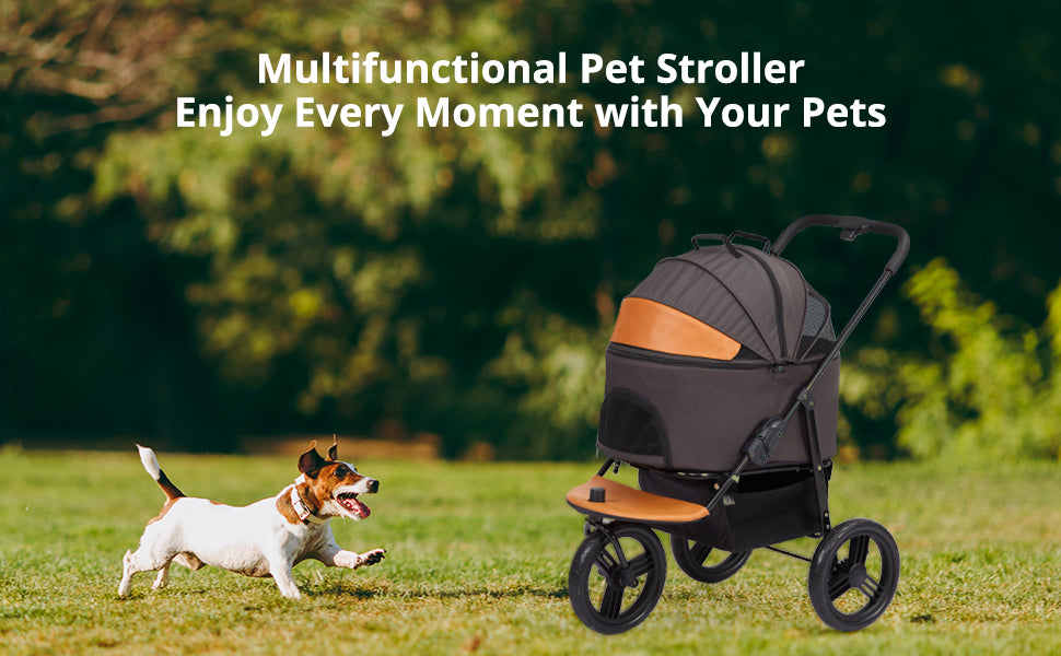 GARVEE Pet Stroller 3 in 1 Multifunction Pet Travel System One-Click Folding Grey+Orange