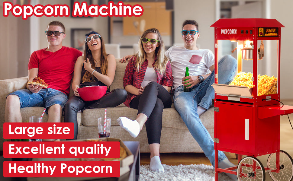 GARVEE Popcorn Machine Cart Commercial Popcorn Machine with 8Oz Kettle Red