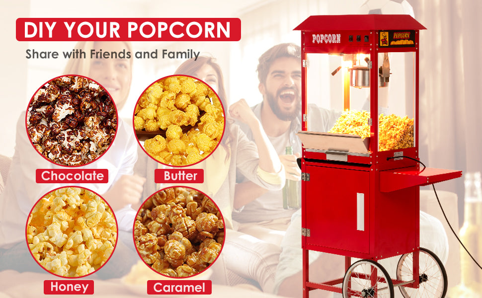 GARVEE Popcorn Machine Cart Commercial Popcorn Machine with 8Oz Kettle Red
