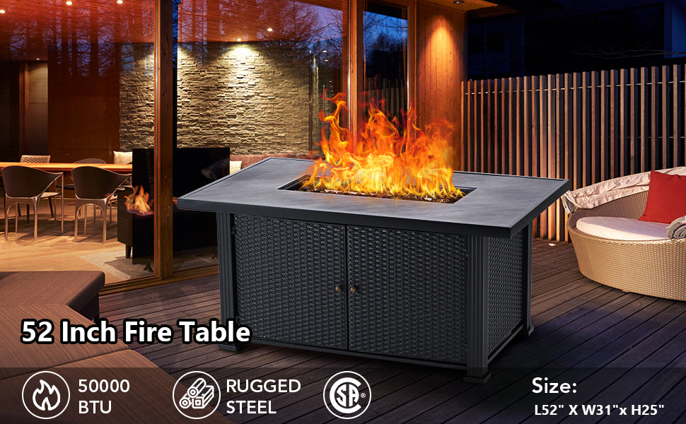 GARVEE 52 Inch Propane Fire Pit Table 50000BTU Rectangle Fire Table with Cover & Rain Cover Gray