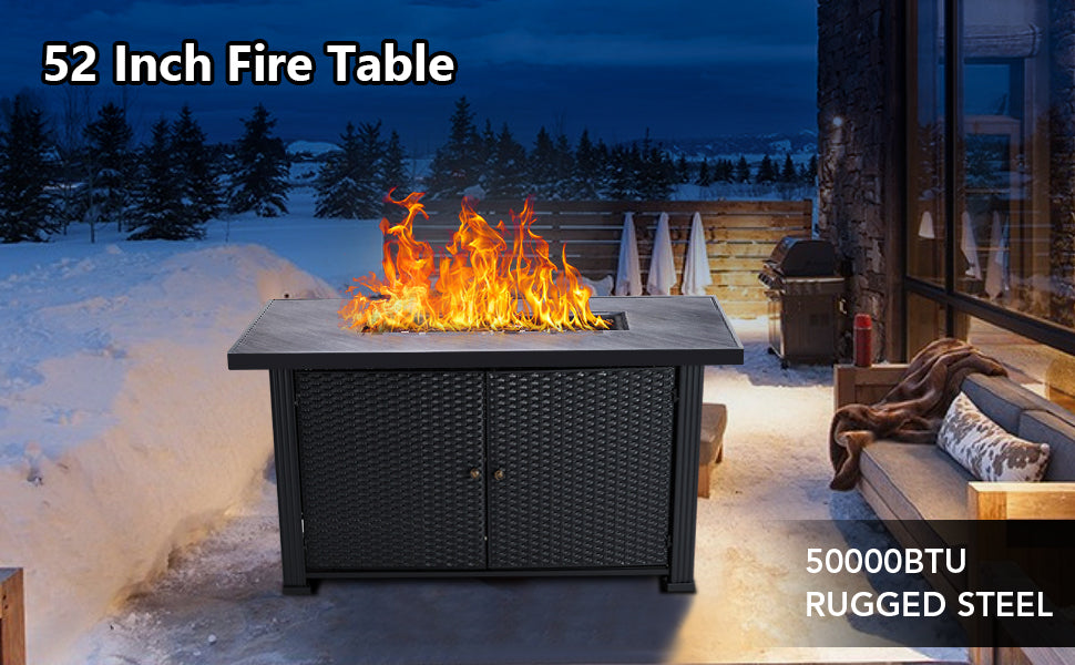 GARVEE 52 Inch Propane Fire Pit Table 50000BTU Rectangle Fire Table with Cover & Rain Cover Gray