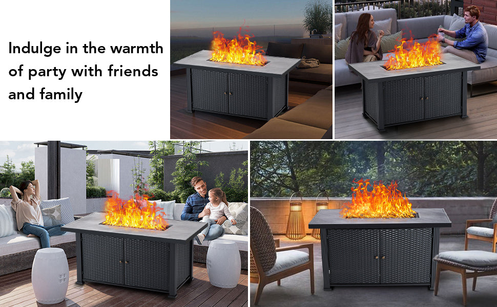 GARVEE 52 Inch Propane Fire Pit Table 50000BTU Rectangle Fire Table with Cover & Rain Cover Gray