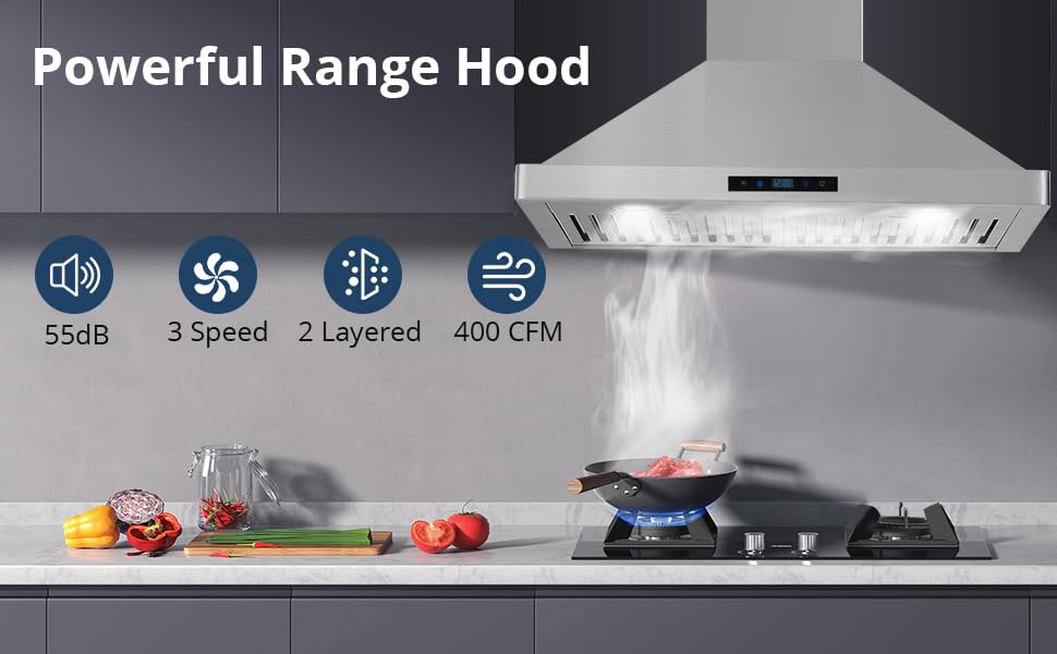 GARVEE 30 inch Wall Mount Range Hood Stainless Steel Kitchen Hood with Ducted Stove Vent & Timer