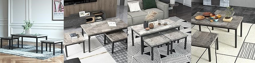 GARVEE Living Room Table Set Large Rectangle Coffee Table & 2 Square End Side Tables Marble