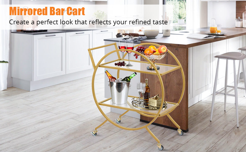 GARVEE Round Bar Cart Bar Serving Cart Rolling Metal Wine Liquor Cart with 2 Mirrored Shelves
