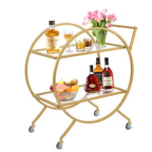 GARVEE Round Bar Cart Bar Serving Cart Rolling Metal Wine Liquor Cart with 2 Mirrored Shelves