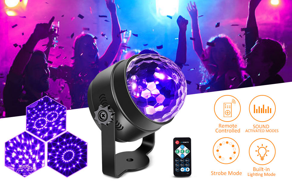 GARVEE Litake Black Light for Glow Party 6W UV LED Disco Ball Strobe Lights Sound Activated with RC