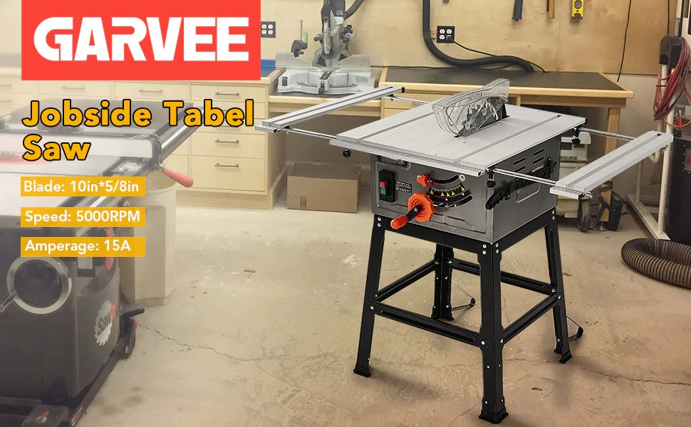 GARVEE Table Saw 10 Inch 15A Multifunctional Saw with Stand & Push Stick 90° Cross Cut & 0-45° Bevel Cut 5000RPM