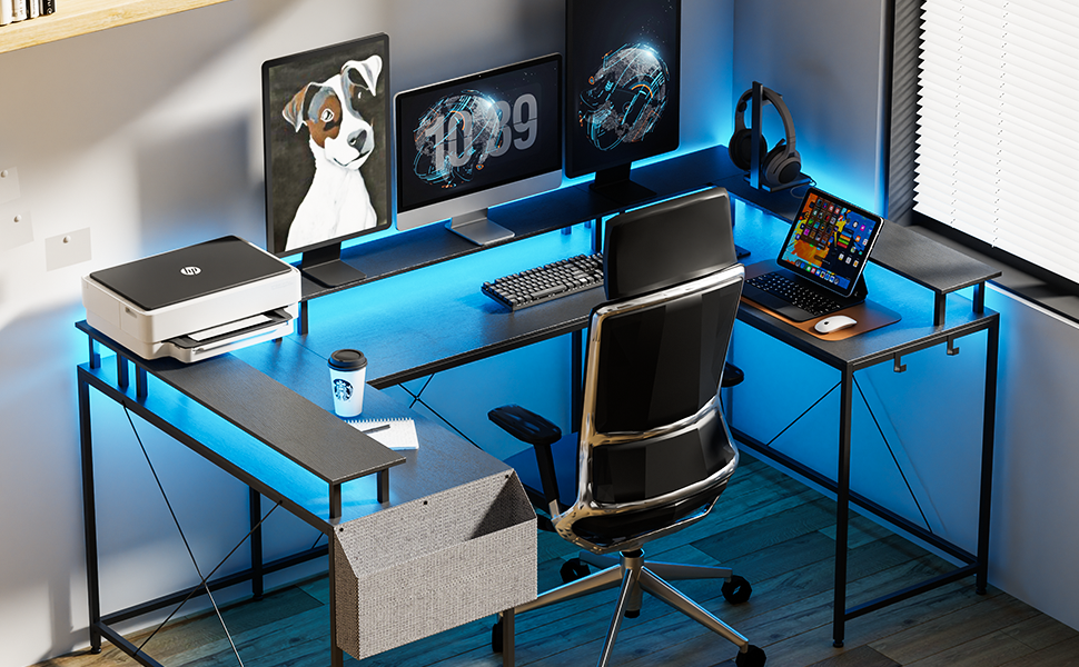 GARVEE U Shaped Desk 126 Inch Gaming Desk with Monitor Stand and LED Lights Computer Desk Black