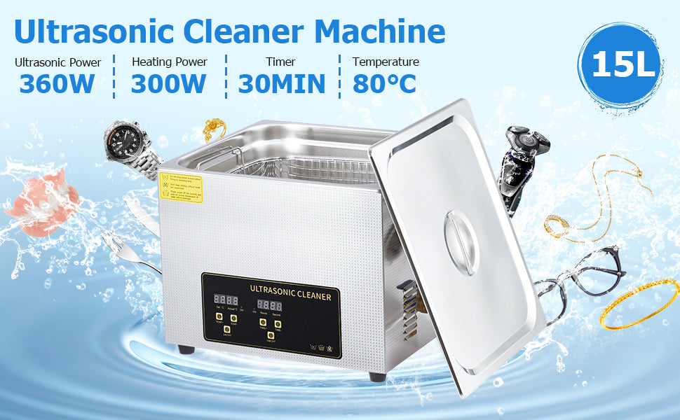 GARVEE Ultrasonic Cleaner 360W 15L Ultrasonic Jewelry Cleaner Machine with Digital Timer Heater