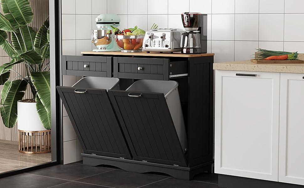 GARVEE Double Tilt Out Trash Cabinet Detachable Board Storage Drawer Wooden Table Top for Kitchen Dining Living Room‎