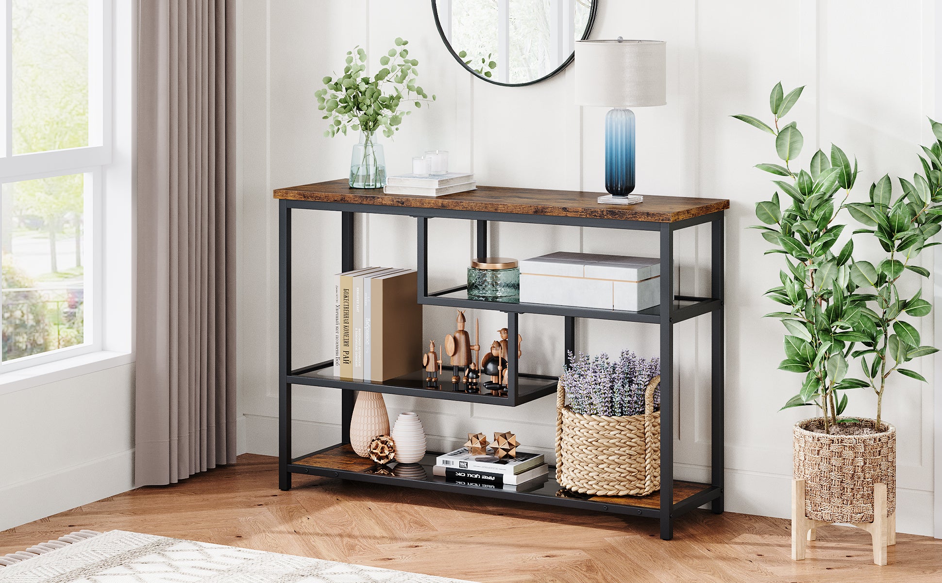 Console Table, 4-Tier Sofa Tables Narrow Entryway Table with Glass Shelf and Metal Frame