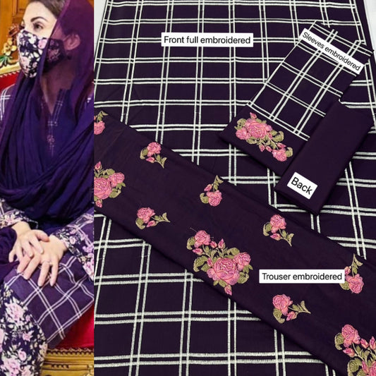 2pcs Suit Lawn full embroidered purple